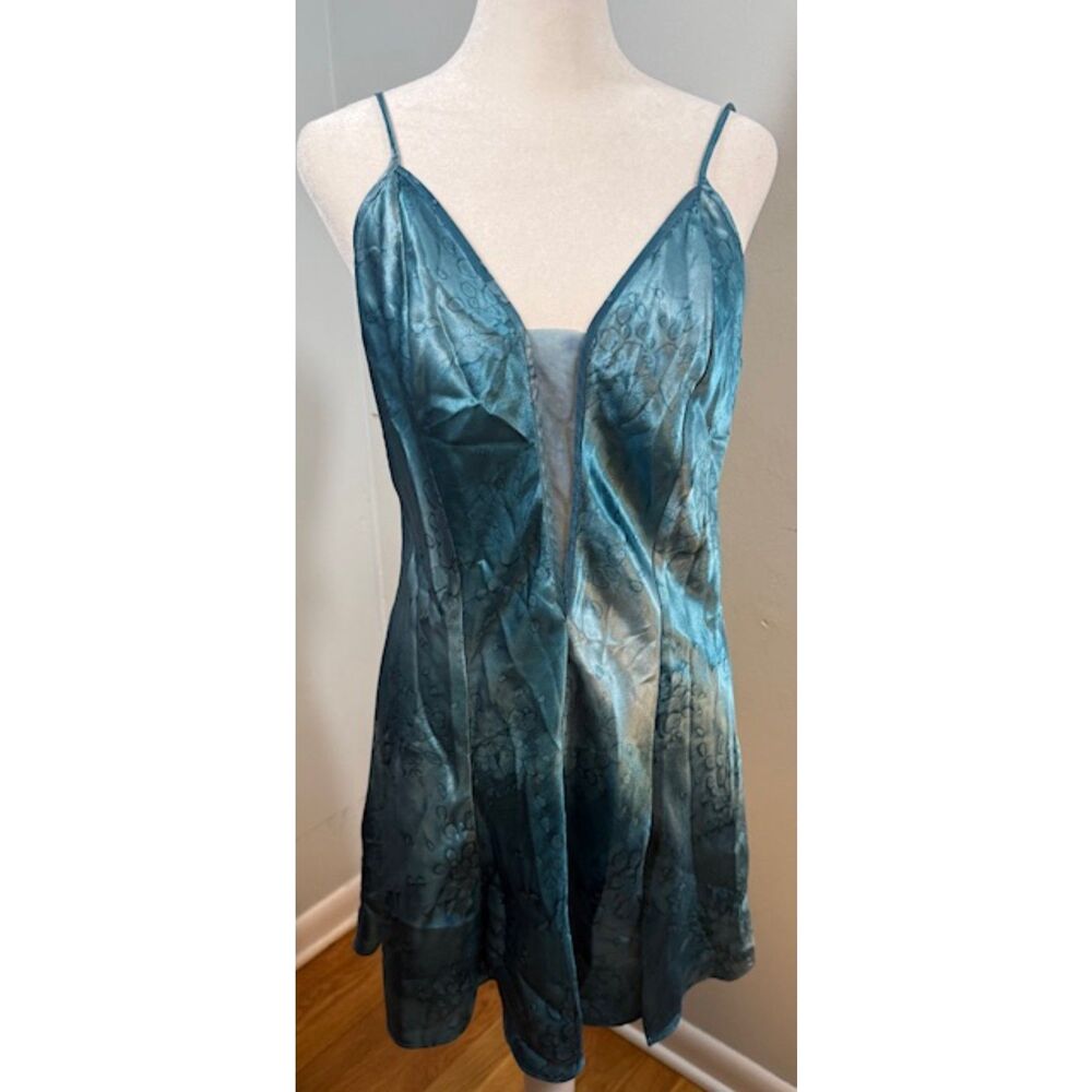 Vintage 90s Victoria's Secret Teal‎ Satin Chemise Negligee M Bubble Print Y2K